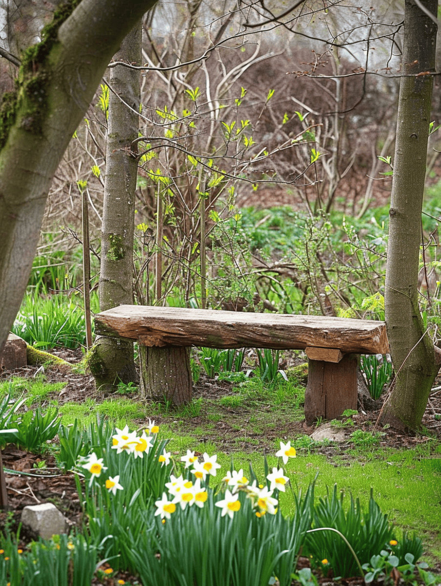 A rustic bench crafted from sturdy logs sits quietly among the budding trees and bright daffodils in a serene, woodland-inspired garden setting ar 3:4