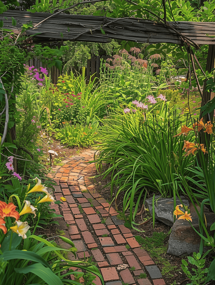 A rustic brick path meandering through daylilies and wildflowers, with an old wooden trellis overhead. --ar 3:4