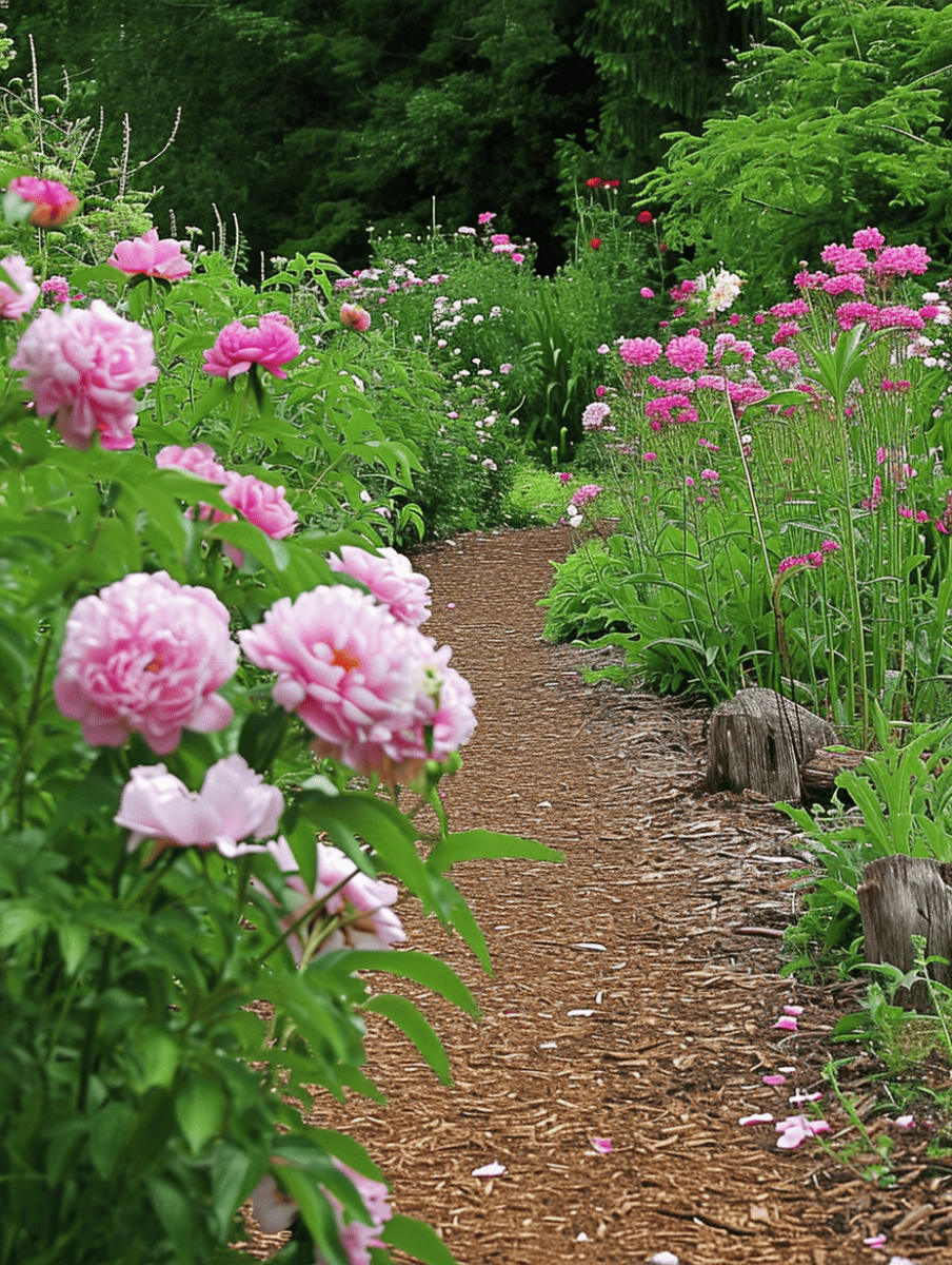 A rustic garden path meanders through an array of lush rose bushes and wildflowers, showcasing a mix of pink peonies and other flora, bordered by natural wooden edges ar 3:4