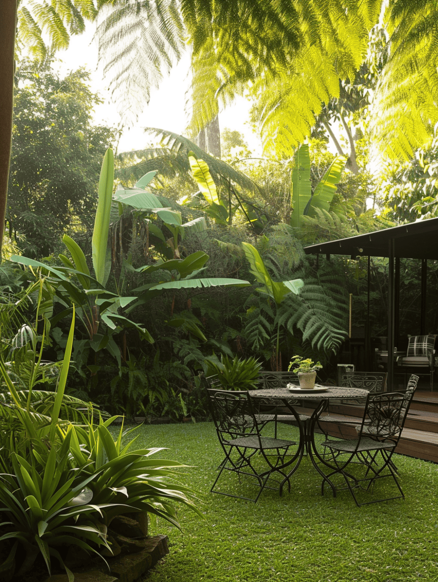 A rustic iron table and chairs sit on a manicured lawn surrounded by a verdant array of towering ferns and tropical plants, creating an inviting outdoor dining area ar 3:4