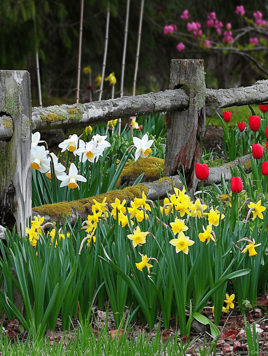 A rustic wooden fence serves as a backdrop to a cheerful cluster of bright yellow daffodils and scattered red tulips, heralding the vibrant arrival of spring ar 3:4