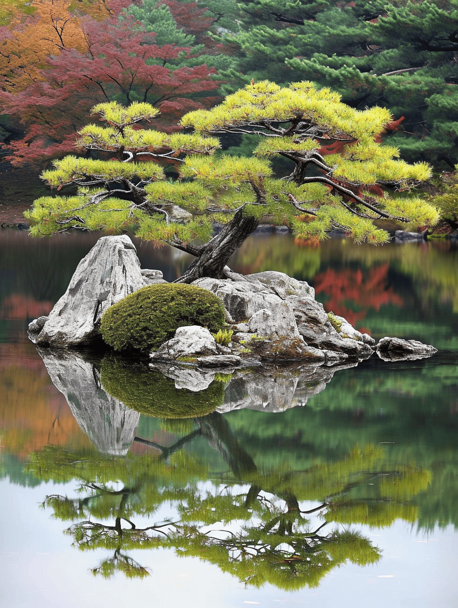 A sculptural pine tree drapes over a large, mossy rock formation, both reflected in the still waters of a pond, with a backdrop of fiery autumn foliage in a tranquil Zen garden scene ar 3:4