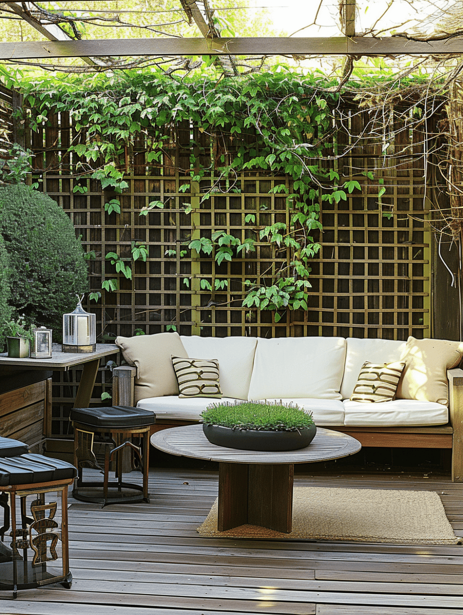 A secluded outdoor seating area is achieved with a cream cushioned couch against a lattice fence overgrown with greenery, offering a sense of privacy on the wooden deck ar 3:4