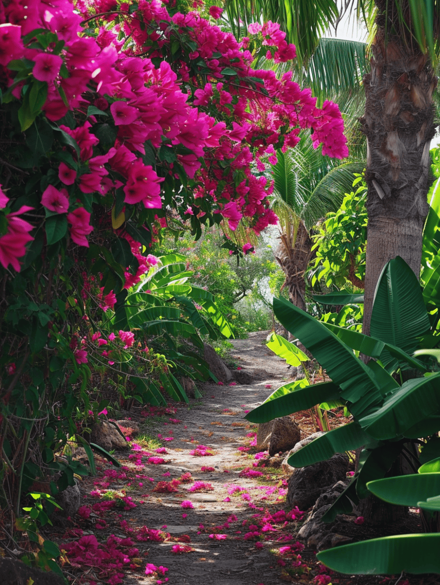 A secluded pathway meanders through a tropical garden, framed by a palm tree and abundant pink bougainvillea flowers, with fallen petals dotting the ground ar 3:4
