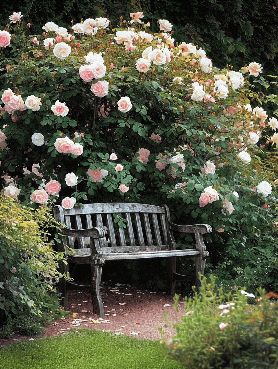 A secluded wooden bench sits under a canopy of fragrant, pastel-hued roses in a tranquil corner of a lush rose garden, inviting a moment of peaceful contemplation ar 3:4