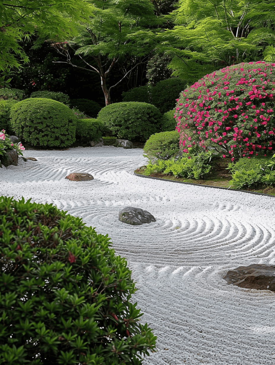 A serene Zen garden with concentric raked gravel patterns around smooth stones, flanked by manicured shrubs and a vivid pink azalea bloom ar 3:4