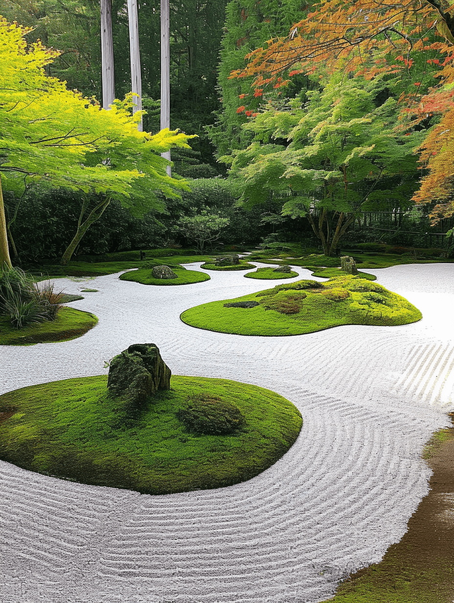 A serene and vibrant Zen garden, with neatly raked white gravel forming fluid patterns around lush, moss-covered mounds, complemented by a backdrop of delicate maple trees in autumnal hues ar 3:4