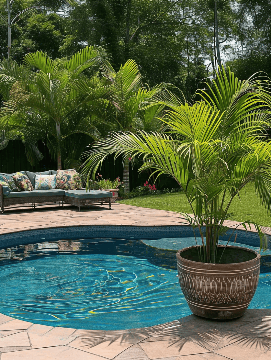 A serene backyard pool with rippling water reflects the sun, surrounded by patio tiles and a variety of palm plants, with a cozy outdoor lounge area in the background ar 3:4