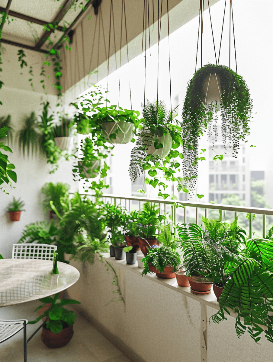 A serene balcony garden is rich with greenery, featuring an array of plants in terracotta pots and verdant foliage spilling from hanging baskets, all creating a peaceful, leafy oasis in a high-rise urban setting ar 3:4