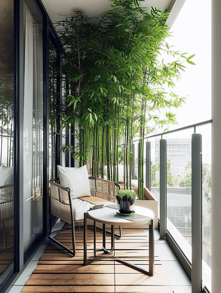 A serene balcony space is accented with tall bamboo plants along the side, wooden flooring, and modern furniture including a chair with a white cushion and a round table, offering a peaceful area for relaxation amidst urban surroundings ar 3:4