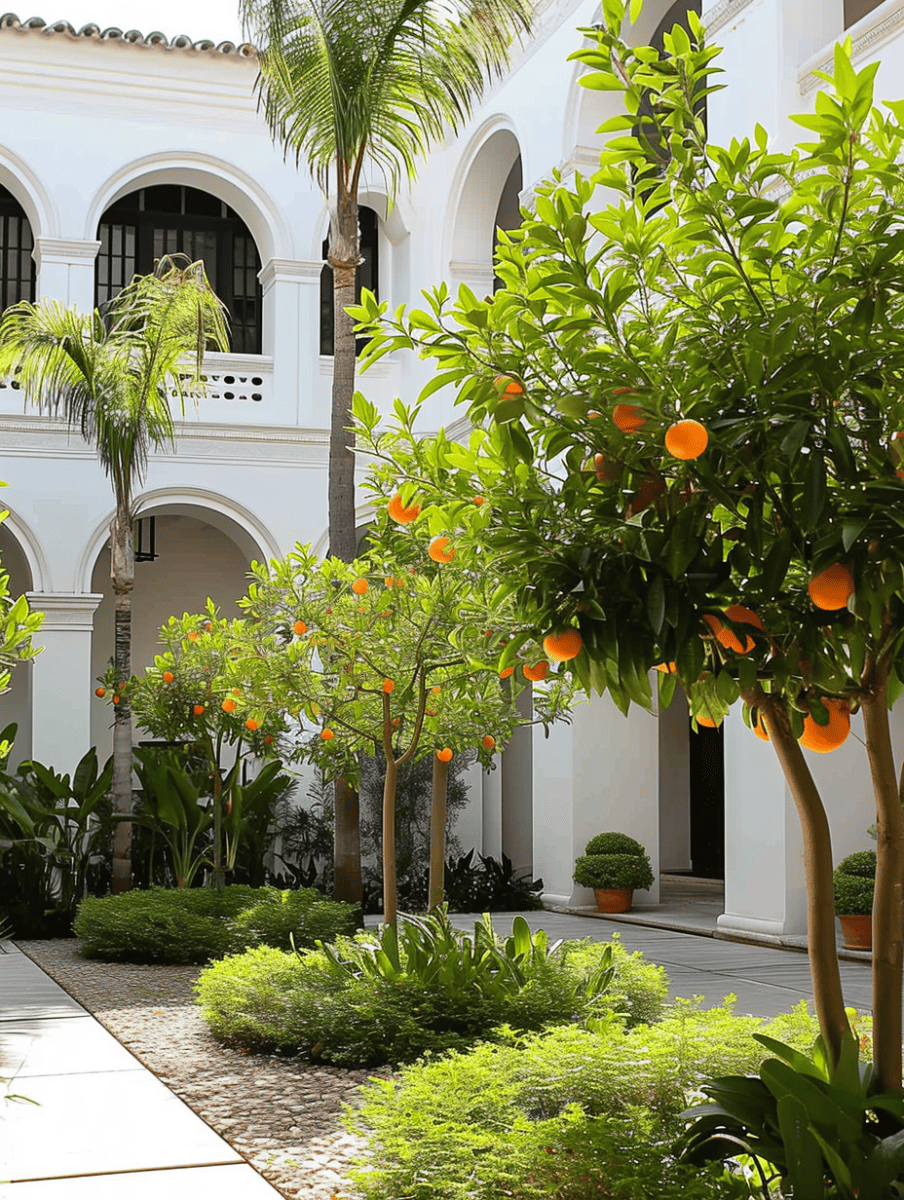 A serene courtyard with orange trees bearing ripe fruit, surrounded by lush greenery and set against the backdrop of a white Spanish-style building with elegant archways and balconies ar 3:4