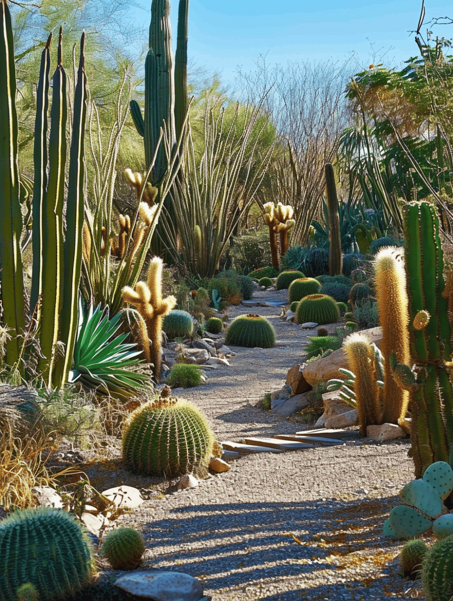 A serene desert garden pathway flanked by an assortment of cacti, including tall, slender organ pipe cacti, golden barrel cacti with their rounded forms, and various columnar cacti, all under a clear blue sky ar 3:4