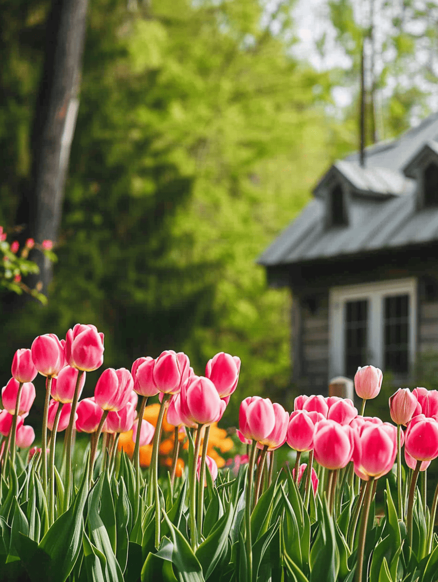 A serene display of pink tulips stands elegantly in the foreground, their simplicity complementing the blurred greenery and a quaint house in the background ar 3:4 