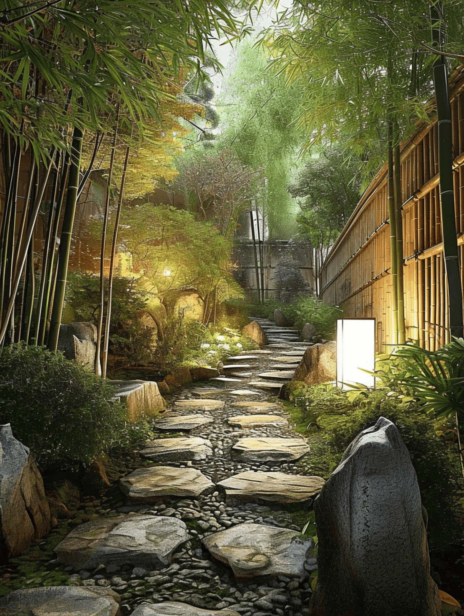 A serene garden pathway is lined with lush bamboo and delicate foliage, leading through a tranquil setting illuminated by soft, dappled light ar 3:4