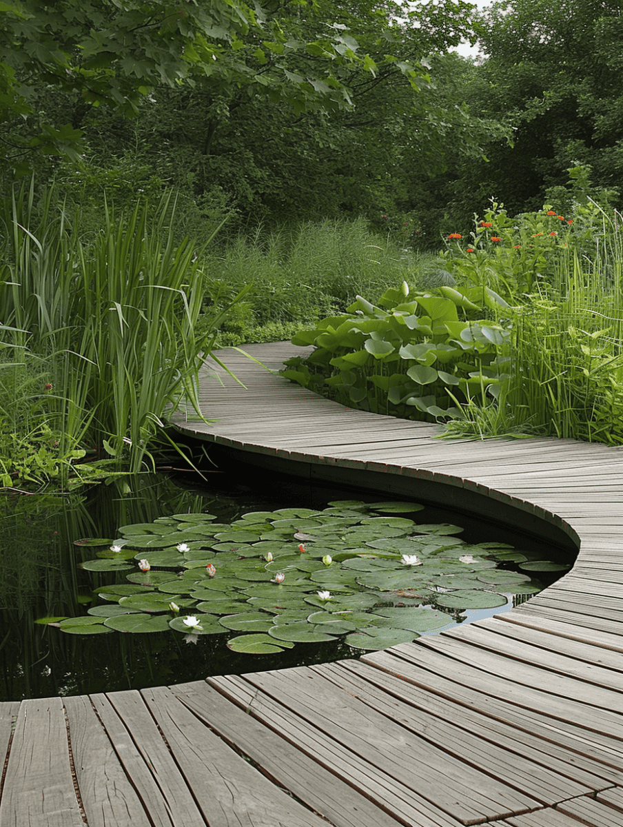 A serene garden scene featuring a winding wooden boardwalk meandering beside a tranquil pond dotted with water lilies, surrounded by lush vegetation and tall reeds ar 3:4