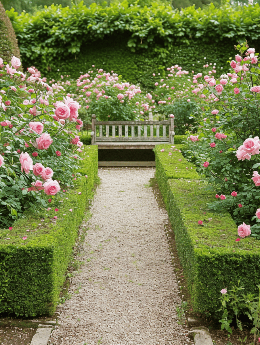 A serene gravel pathway leads to a wooden bench, flanked by manicured box hedges and delicate pink roses, in a tranquil formal garden setting ar 3:4