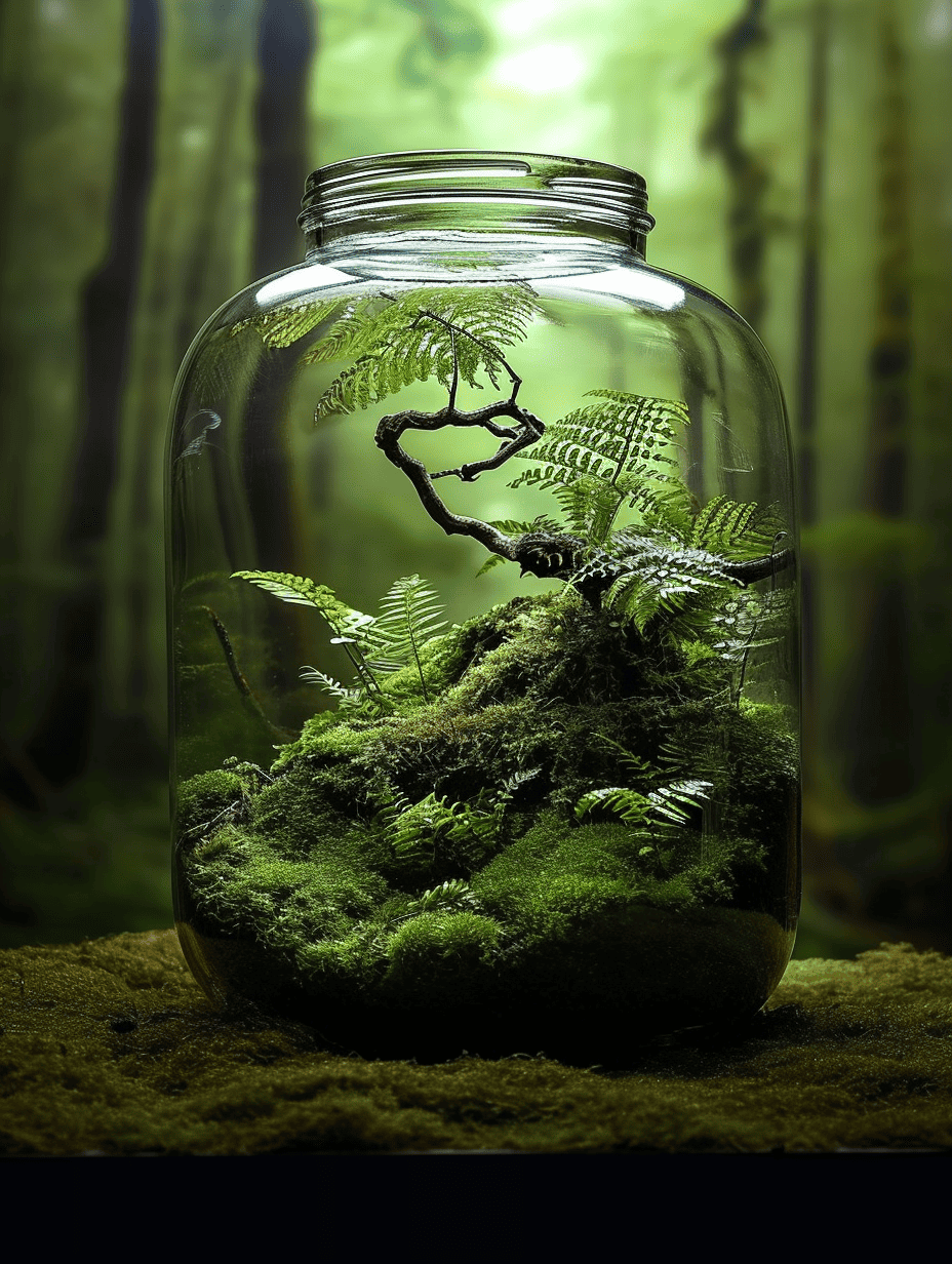 A serene moss terrarium contained within a clear glass jar displays a dense green forest floor and a delicate bonsai, set against a backdrop of soft, ambient forest light ar 3:4