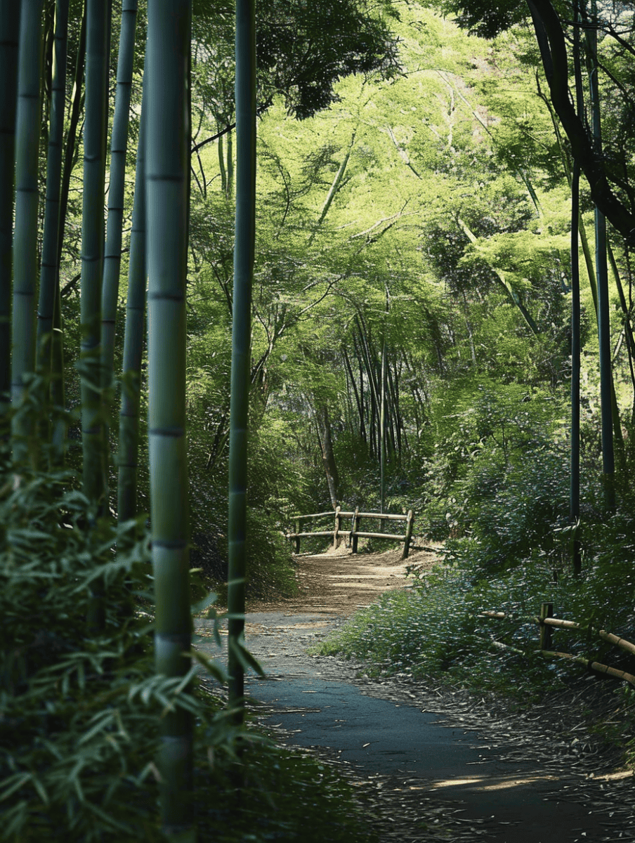 A serene pathway meanders through towering bamboo stalks, leading to a rustic wooden bridge in a tranquil forest setting ar 3:4