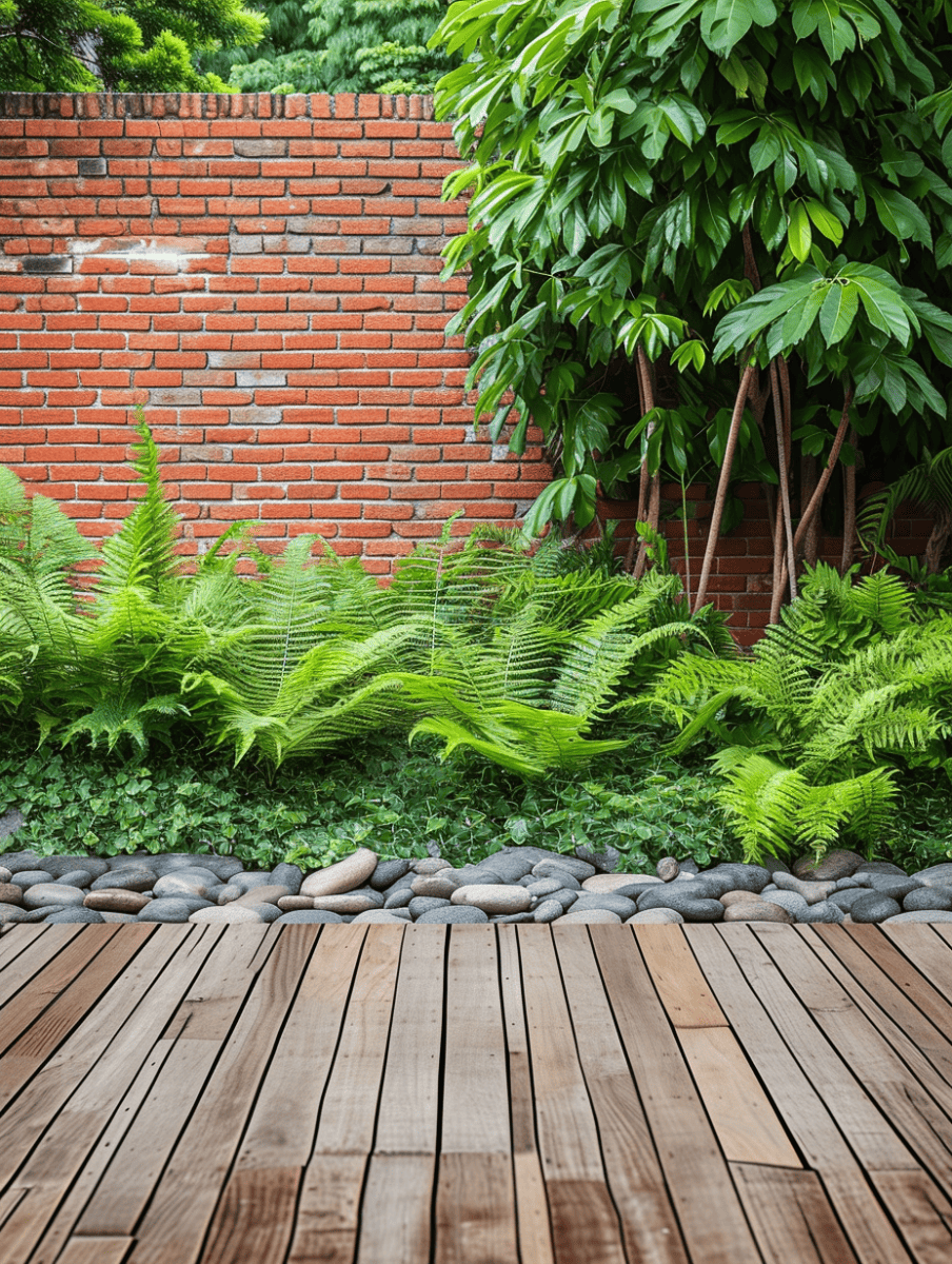 A serene rock garden borders a wooden deck, with smooth river stones nestled among lush ferns against a textured red brick wall, enhancing the tranquil outdoor space ar 3:4