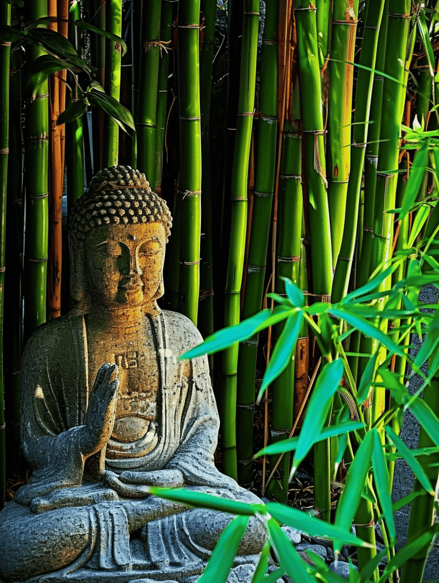A serene stone Buddha statue, depicted in a meditative pose, is set against a vibrant backdrop of tall green bamboo stalks, creating a peaceful and harmonious garden scene ar 3:4