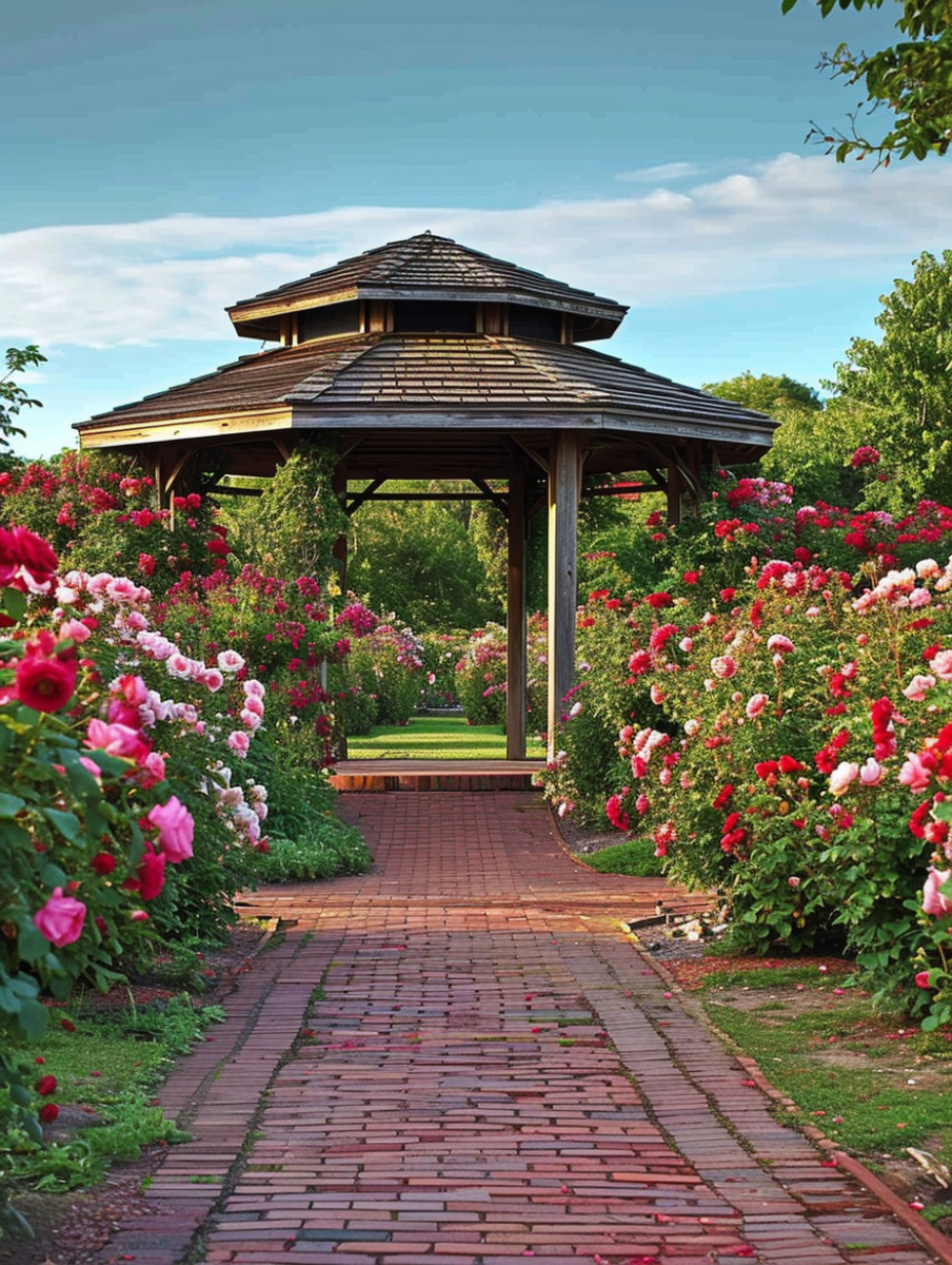 A serene walkway lined with vibrant pink and red roses leads to a traditional wooden gazebo in the midst of a well-kept garden, evoking a sense of peacefulness and natural beauty ar 3:4