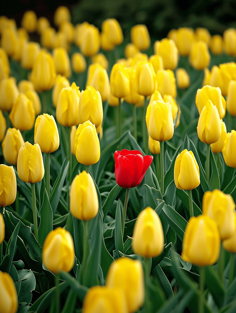A single red tulip stands out amidst a dense field of vibrant yellow tulips, creating a striking contrast in a lush garden ar 3:4