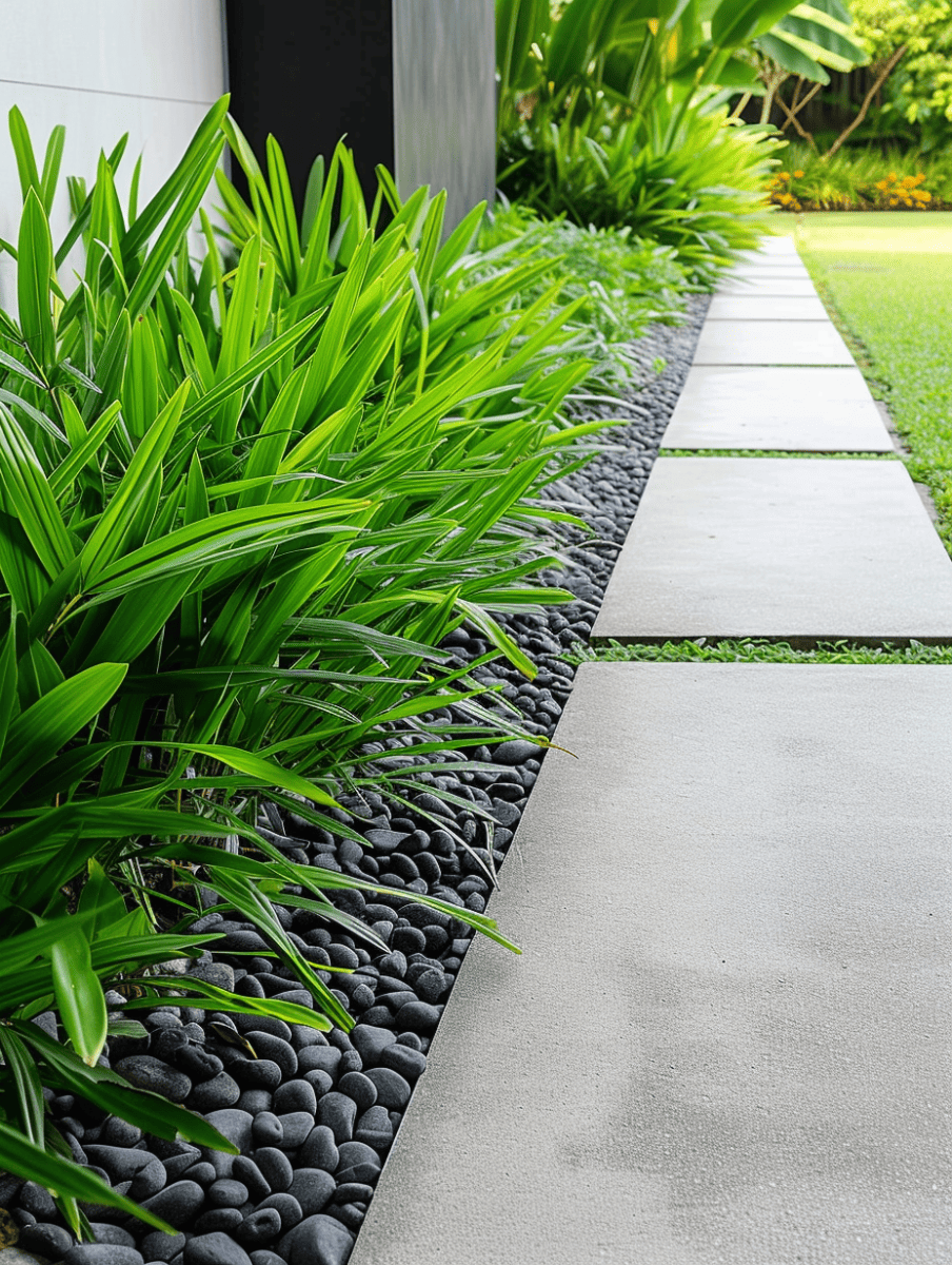 A sleek concrete deck path lined with lush pandan plants, bordered by a neat pebble trench. --ar 3:4