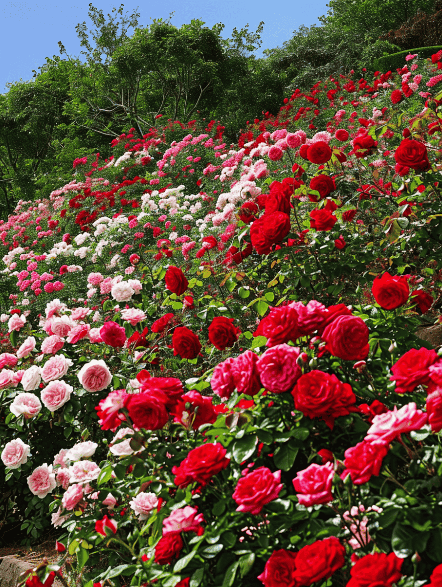 A sloped garden bed is a tapestry of roses in a striking gradient of red to pink to white, set against a verdant backdrop of trees under a clear sky ar 3:4