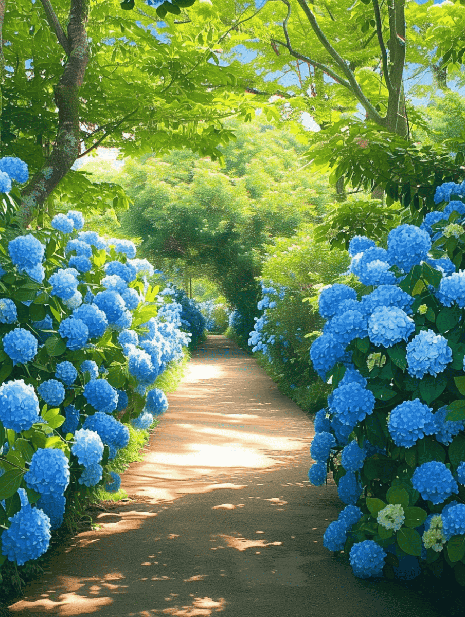 A smooth concrete walkway meanders through a sea of lush blue hydrangeas, with sunlight dappling through the overhead canopy of green leaves. --ar 3:4