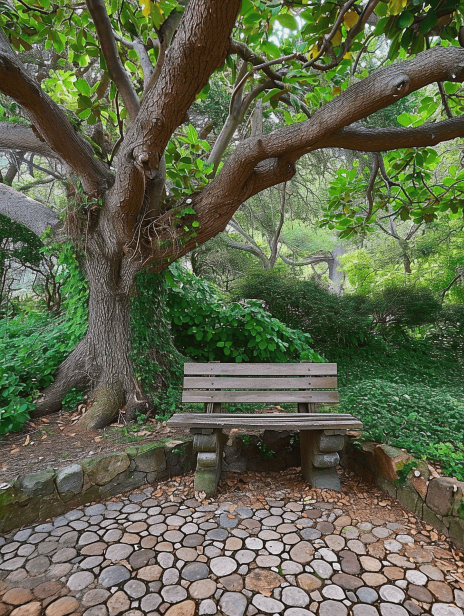A solitary wooden bench sits beneath the intricate branches of mature trees, surrounded by a rich tapestry of green ground cover and a circular stone-paved area, creating a tranquil and secluded spot ar 3:4