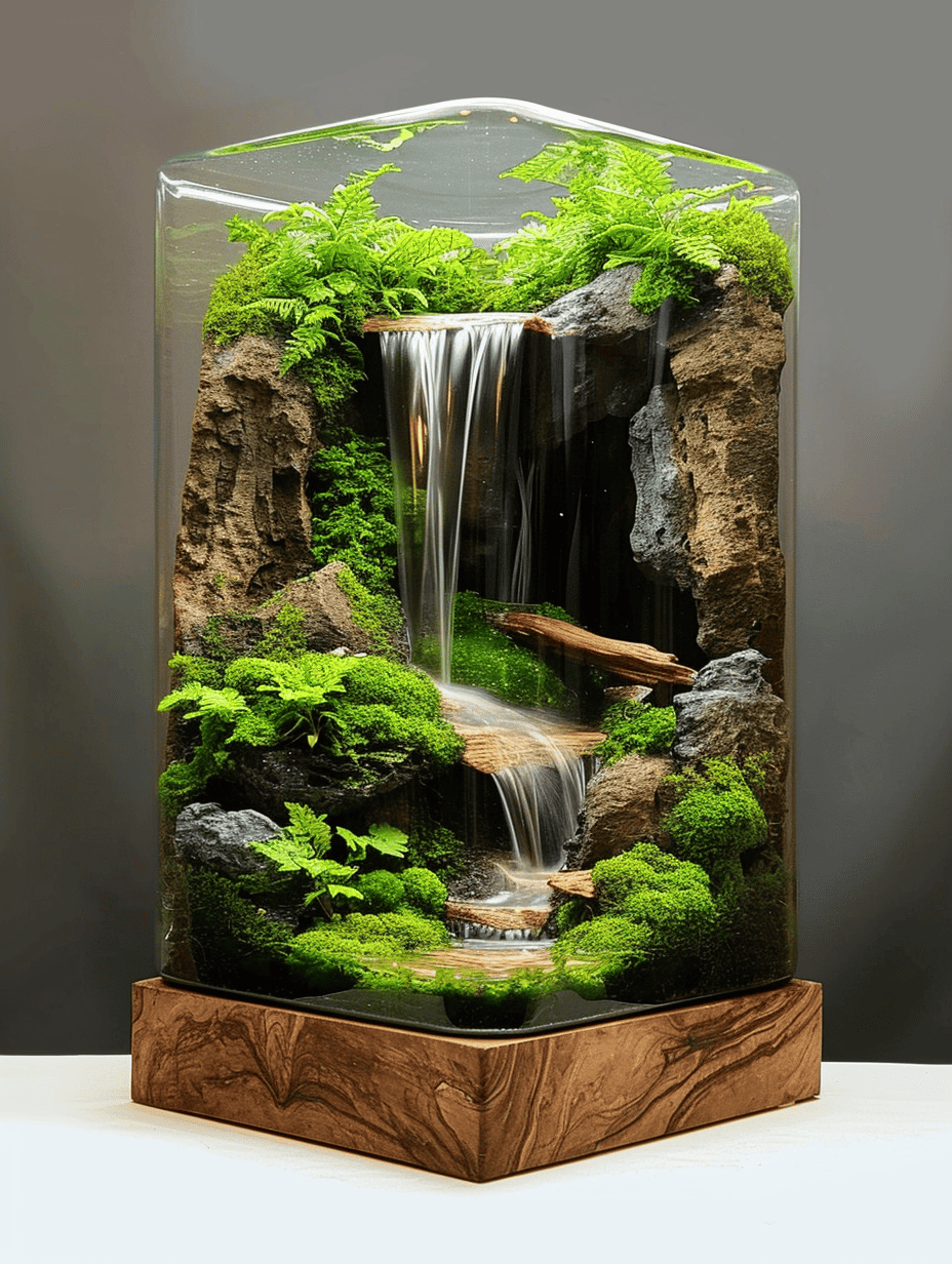 A sophisticated terrarium features a cascading waterfall among rocky cliffs, with lush moss and ferns, all enclosed in a tall, elegantly curved glass case with a wooden base ar 3:4