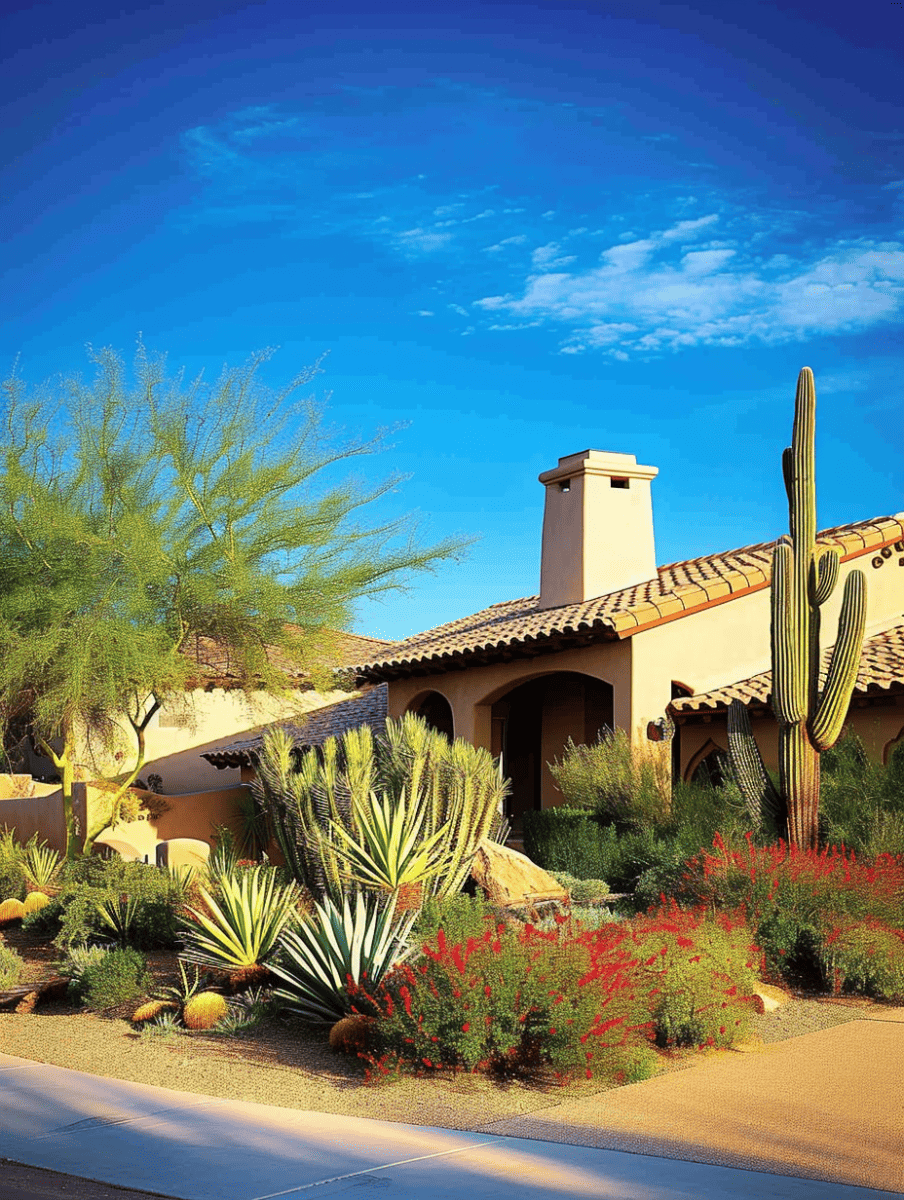 A southwestern-style home with a terracotta roof is complemented by a desert landscaped yard, featuring a tall saguaro, variegated yuccas, and flowering red shrubs under a vibrant blue sky ar 3:4