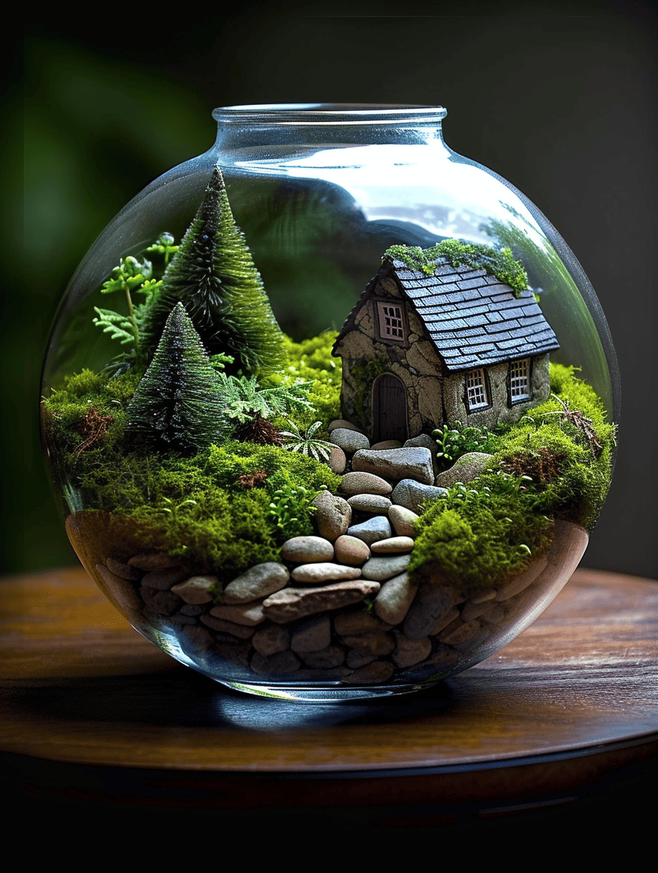 A spherical terrarium hosts a charming miniature stone cottage and evergreen trees amidst a lush mossy landscape, perched on a bed of small rounded stones ar 3:4