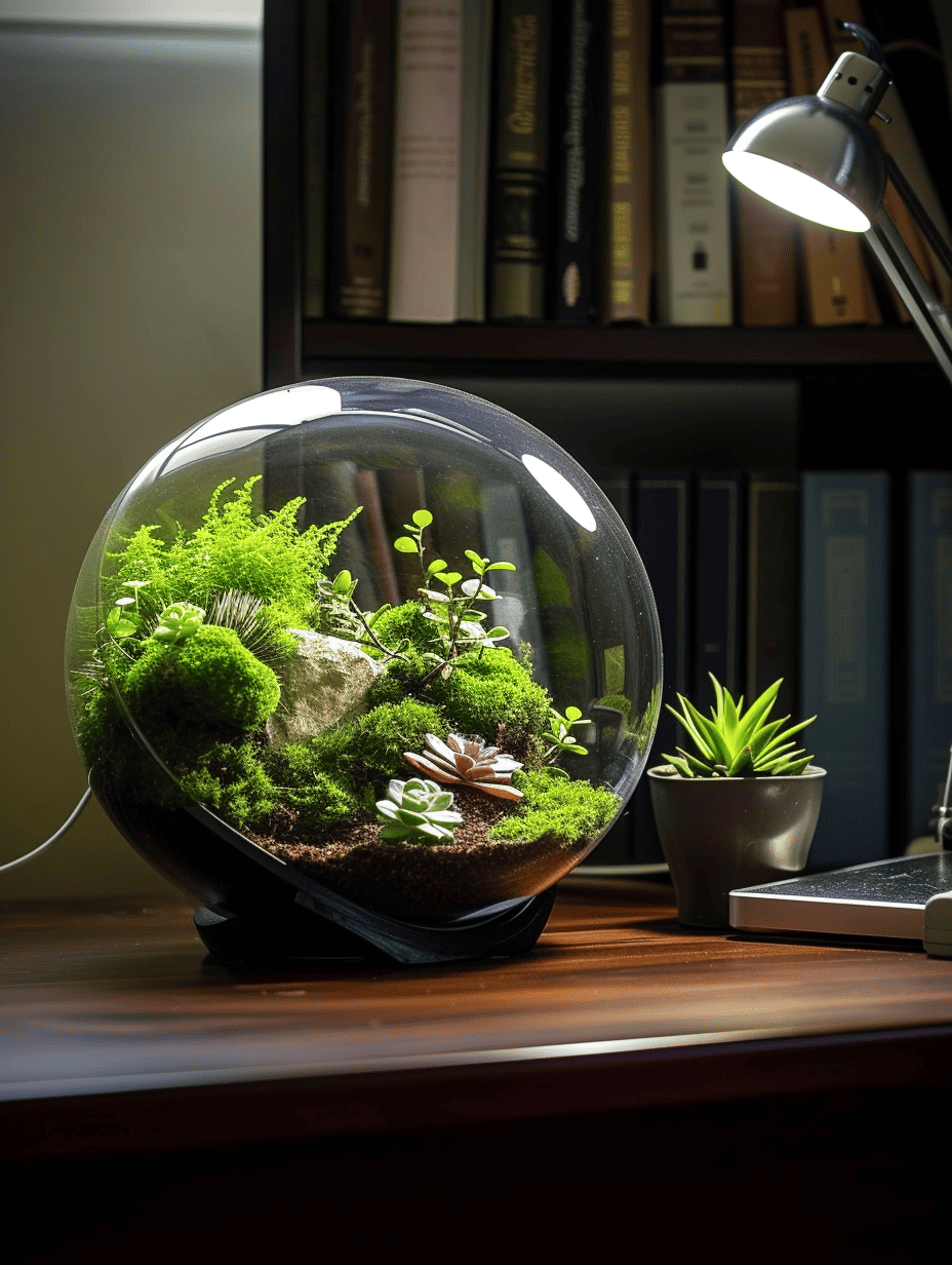 A spherical terrarium on a wood desk holds a lush miniature world of moss, small plants, and a rock feature, basked in the glow of a nearby desk lamp, with bookshelves in the background ar 3:4