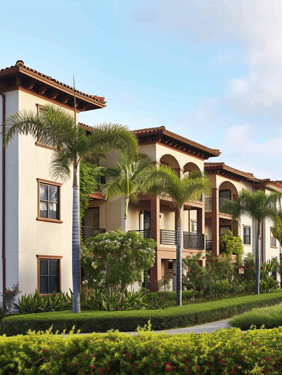 A stately Mediterranean-style apartment building surrounded by well-manicured gardens, tall palm trees, and flowering shrubs under a soft evening sky ar 3:4