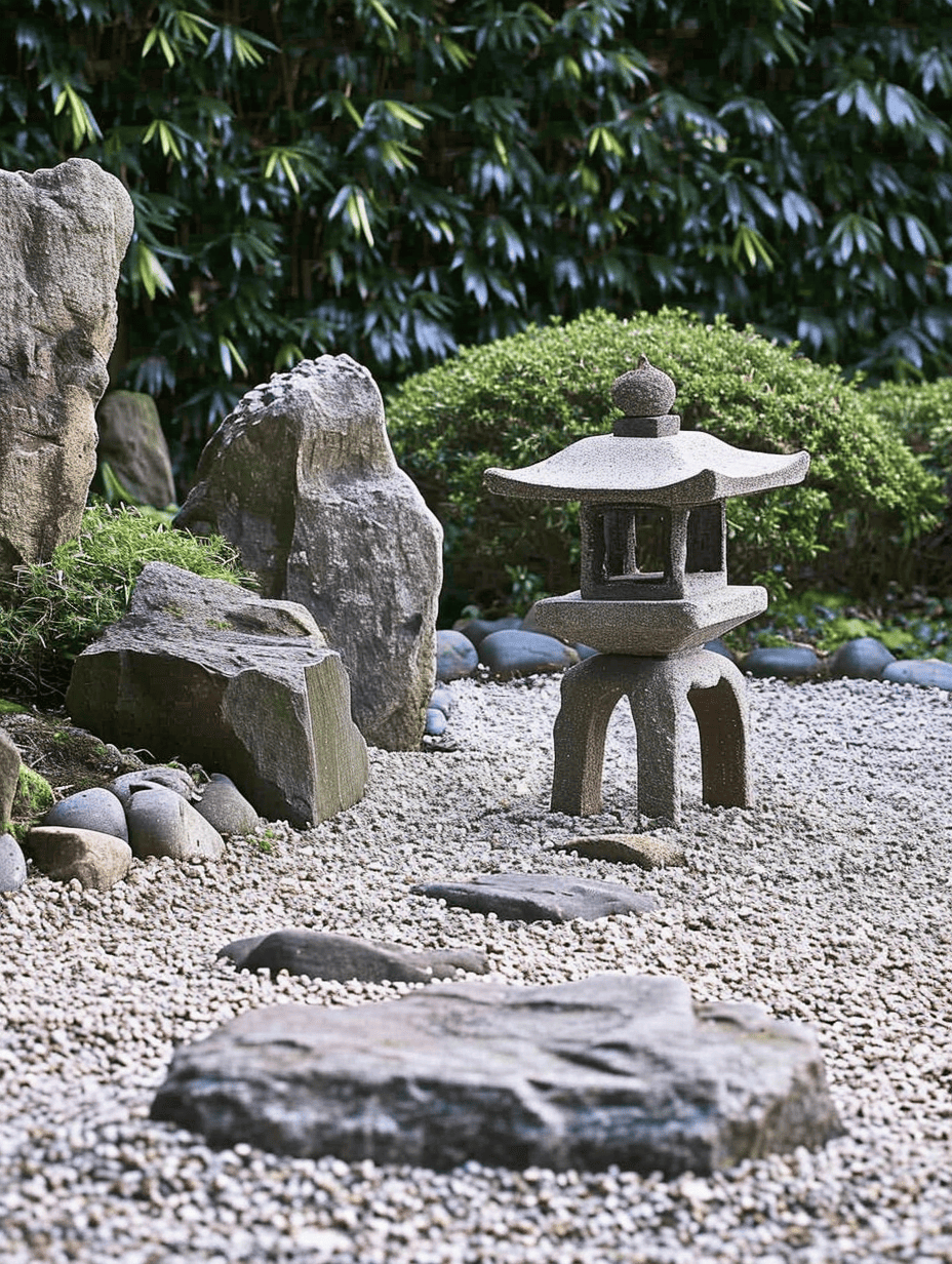 A stone lantern stands as a focal point amid a bed of small white pebbles in a Zen garden, with a backdrop of dark green foliage and natural rock formations ar 3:4