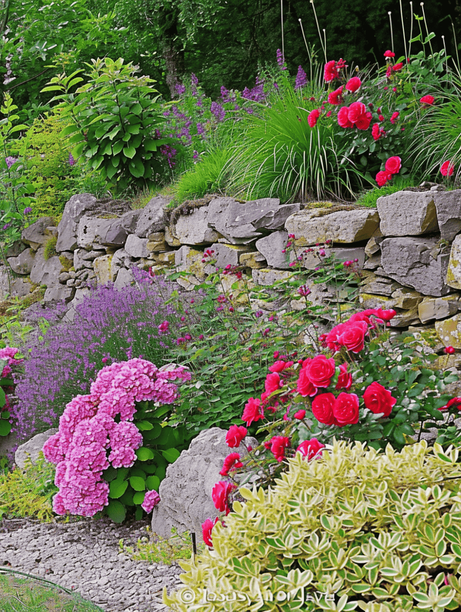 A stone wall serves as the backbone for a terraced garden bursting with colorful flowers, including bright red roses, pink hydrangeas, and purple blooms, amidst varied greenery ar 3:4