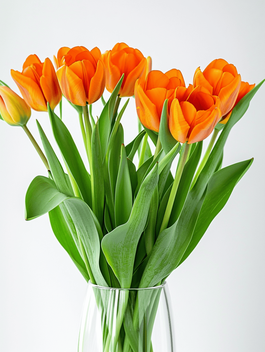 A striking arrangement of orange tulips with lush green leaves, presented in a transparent glass vase against a soft white background ar 3:4