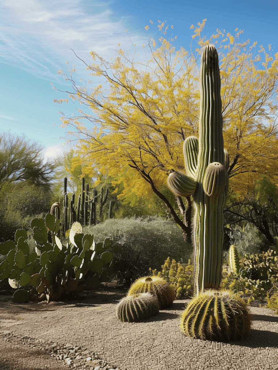 A striking desert landscape displays a tall saguaro cactus with multiple arms, flanked by golden barrel cacti and a prickly pear, against a backdrop of a tree with yellow blossoms under a hazy sky ar 3:4