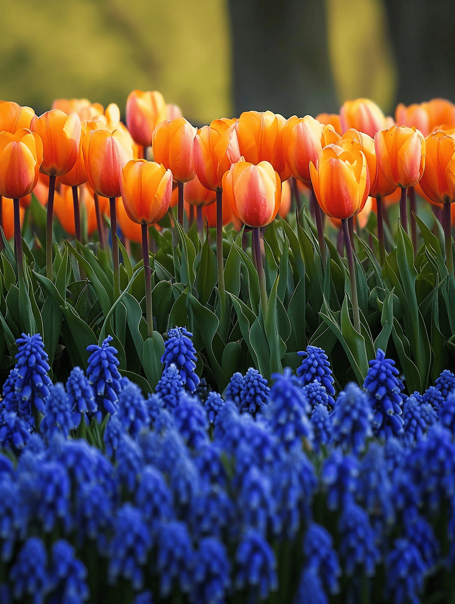 A striking layer of orange tulips stands tall above a dense bed of blue grape hyacinths, creating a vivid contrast of warm and cool colors ar 3:4