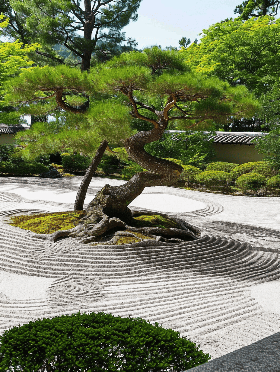 A strikingly twisted pine tree stands as a natural sculpture amidst the meticulously raked sand of a Zen garden, symbolizing endurance and grace within the surrounding lush greenery ar 3:4