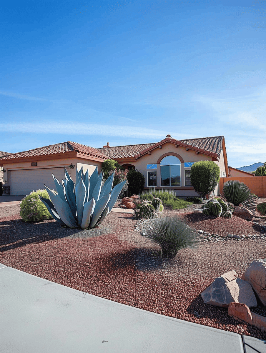 A suburban home with a xeriscaped front yard featuring a large blue agave plant as the centerpiece, surrounded by smaller succulents and cacti set in a bed of red gravel, under a clear sky ar 3:4