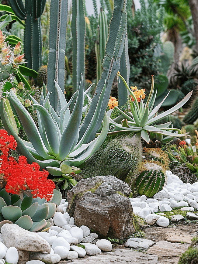 A succulent garden path adorned with large agave plants, spiny cacti, and clusters of bright red and yellow flowers, framed by smooth white pebbles and a central rugged stone ar 3:4