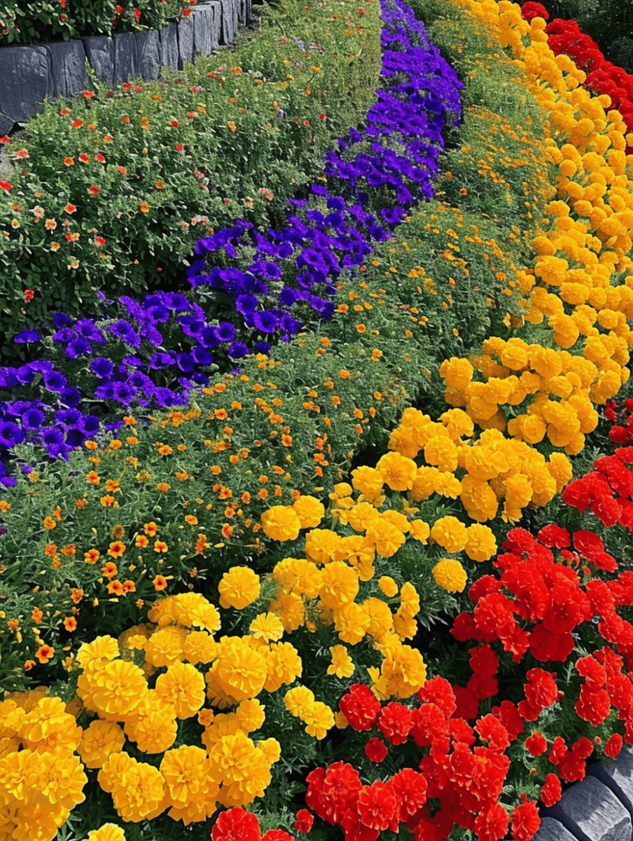 A sweeping floral display features rows of marigolds with lush orange blooms, forming a vibrant tapestry alongside purple and red flowers in a garden bed ar 3:4