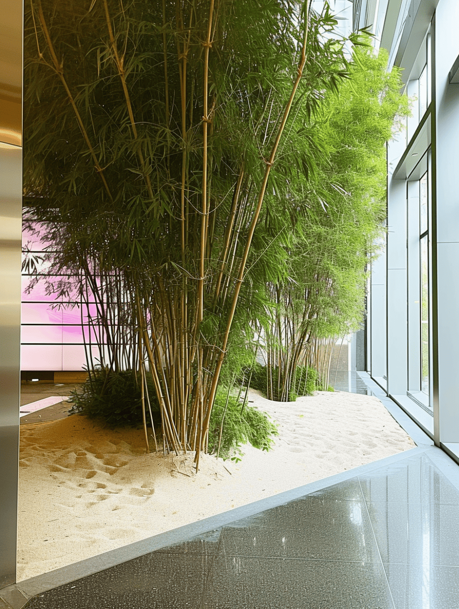 A tall bamboo grove rises majestically within an indoor Zen garden, where a sandy floor contrasts with the sleek, polished tiles of the surrounding space, offering a tranquil escape amidst modern architecture ar 3:4