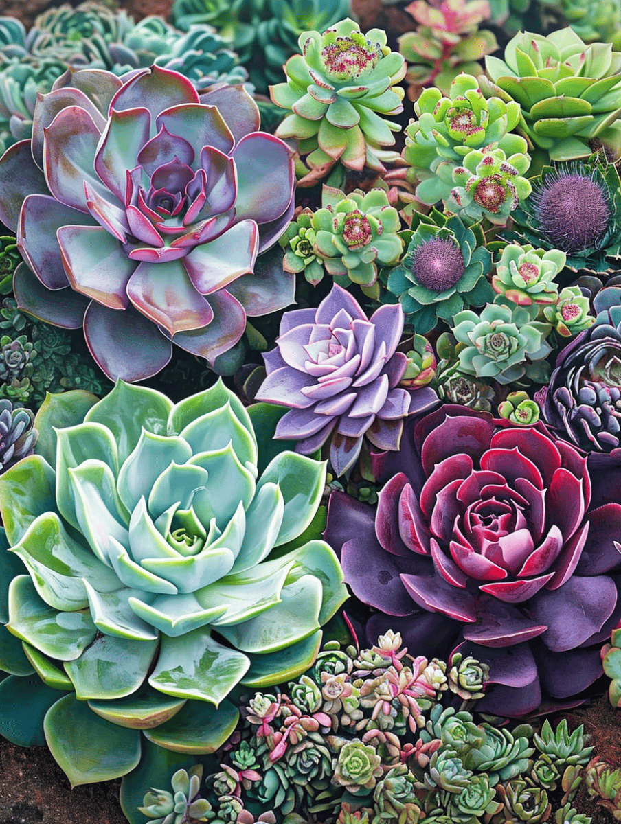 A tapestry of succulents with a stunning array of shapes and colors, featuring prominent, large rosettes in shades of green, purple, and blue, with smaller, intricately layered succulents filling the spaces in between ar 3:4