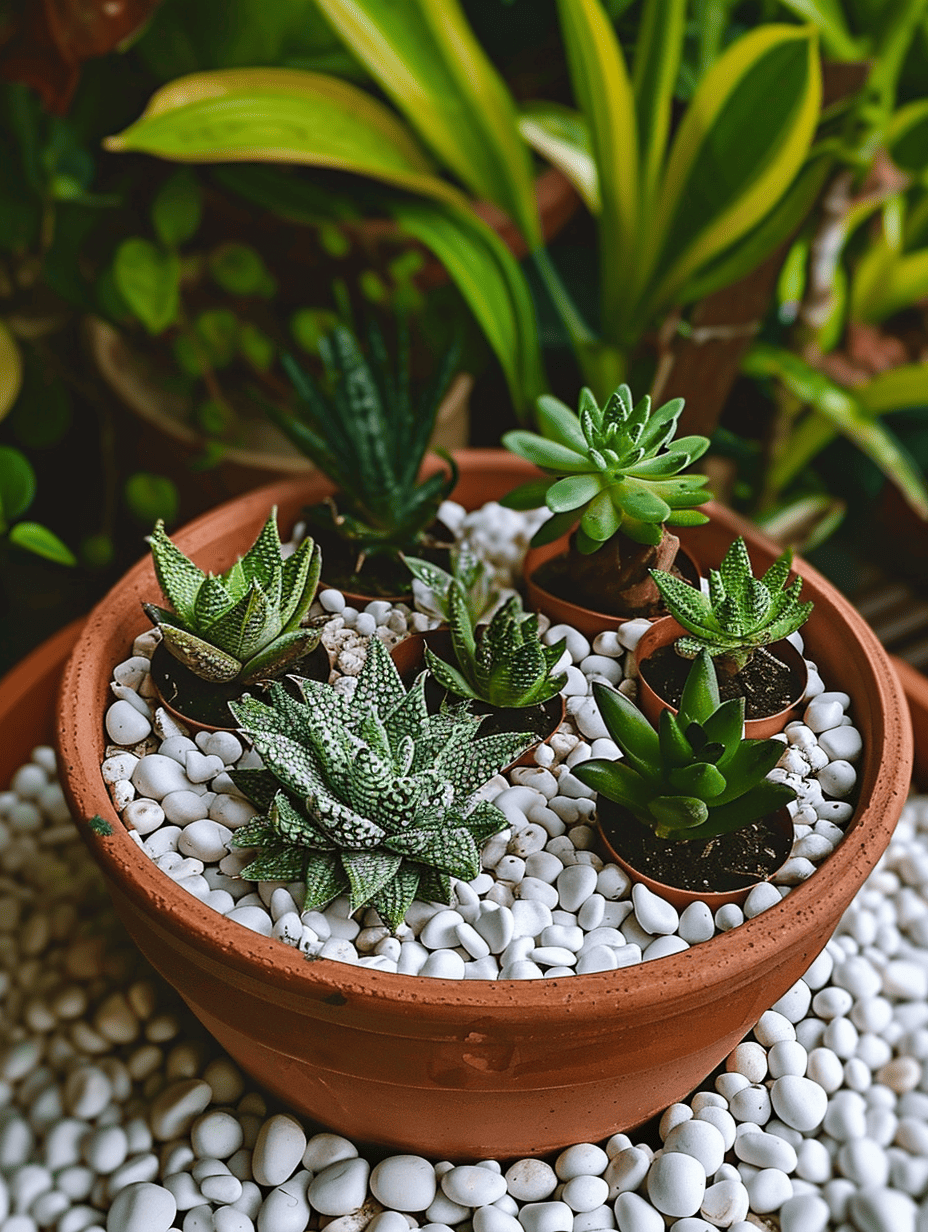 A terracotta pot cradles a collection of succulents with varied textures, from spiky to smooth, surrounded by a bed of polished white pebbles, with a backdrop of lush green plants with variegated leaves ar 3:4