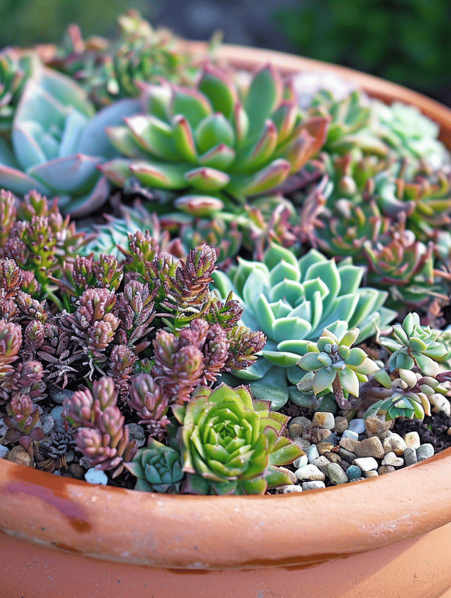 A terracotta pot overflows with a variety of succulents, including rosette-shaped echeverias and sedums, displaying a rich palette of green, blue, and purple tones with some pebbles scattered on the soil ar 3:4