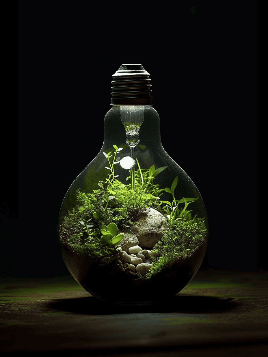 A terrarium creatively designed in an oversized light bulb contains a rich arrangement of moss, pebbles, and plants, casting a luminous glow on a dark background ar 3:4