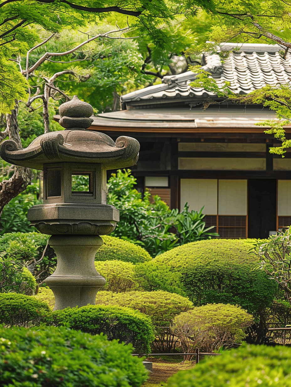 A traditional stone lantern stands elegantly among rounded shrubs in a lush Zen garden, with the warm hues of a wooden building and the vibrant green of maple trees in the background ar 3:4
